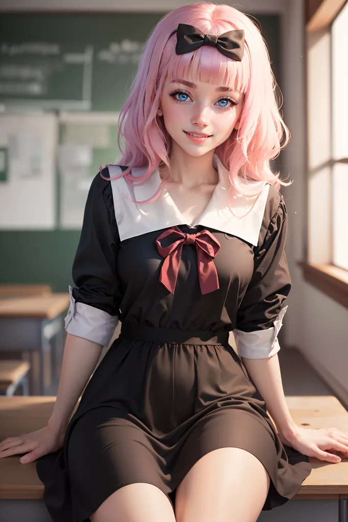 The image shows a young woman with pink hair and blue eyes. She is wearing a black dress with a white collar and a red bow. She is sitting on a table in a classroom. There is a chalkboard behind her. The woman has a confident smile on her face.