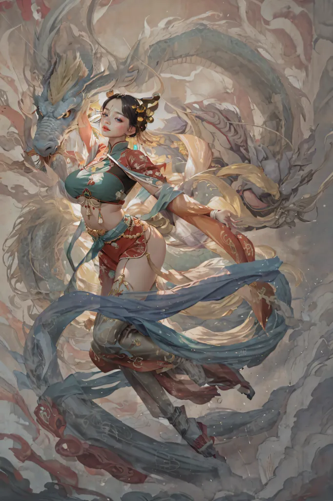 The image is a Chinese-style painting of a woman with a dragon. The woman is wearing a red and green dress with a white sash and has long black hair. She is standing on a cloud and is surrounded by dragons. The dragons are blue and white and have long, serpentine bodies. The painting is done in a realistic style and the colors are vibrant and bright.