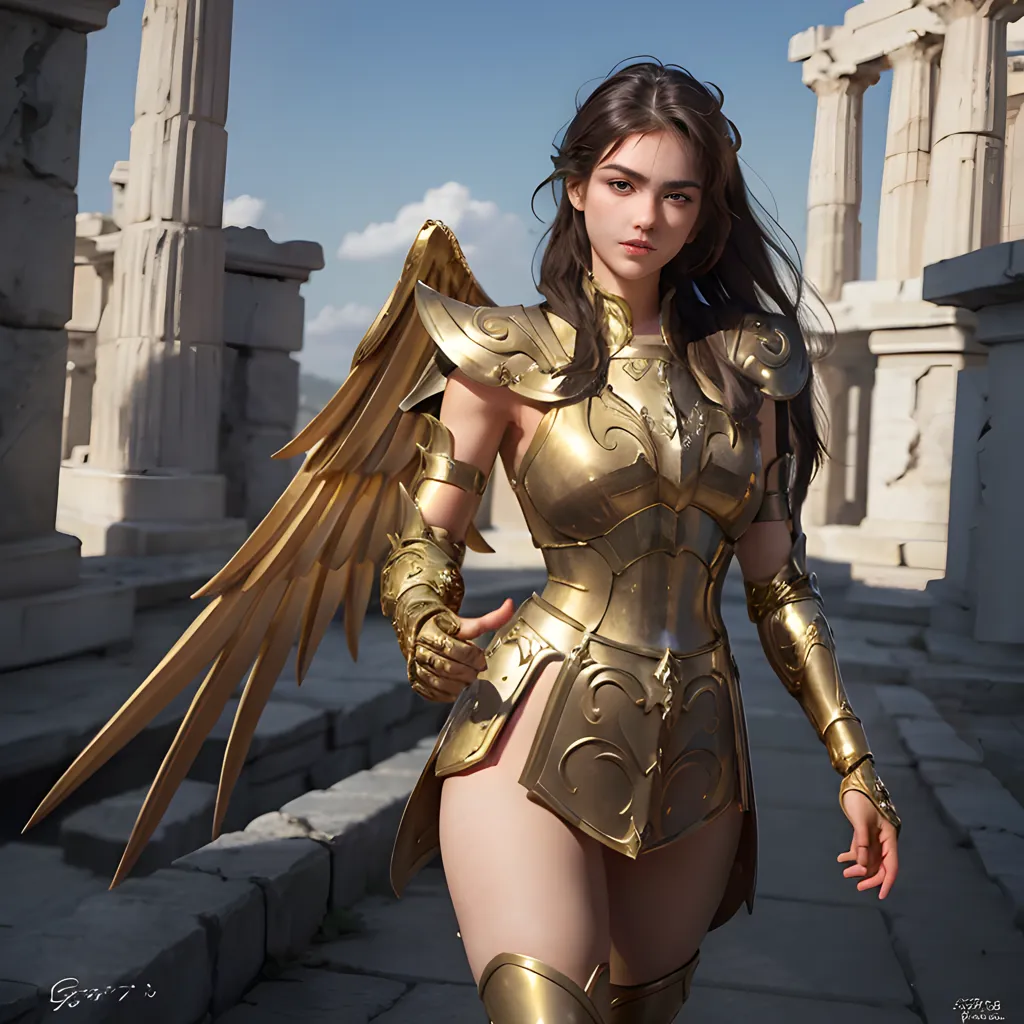 The image is of a beautiful young woman with long brown hair and brown eyes. She is wearing a golden armor and has a pair of golden wings. She is standing in a ruined temple, with large marble columns in the background.