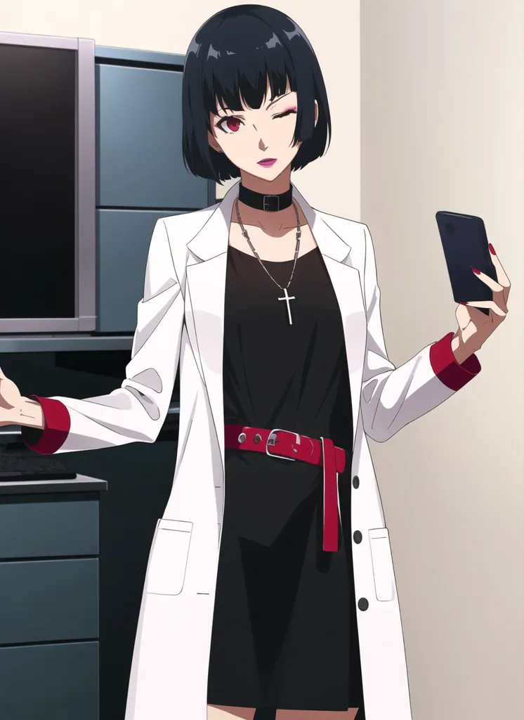 The image shows a young woman with short black hair and red eyes. She is wearing a white lab coat over a black dress. The dress has a red belt. She is also wearing a necklace with a cross on it. She is holding a phone and winking. There are two computer monitors and a filing cabinet in the background.