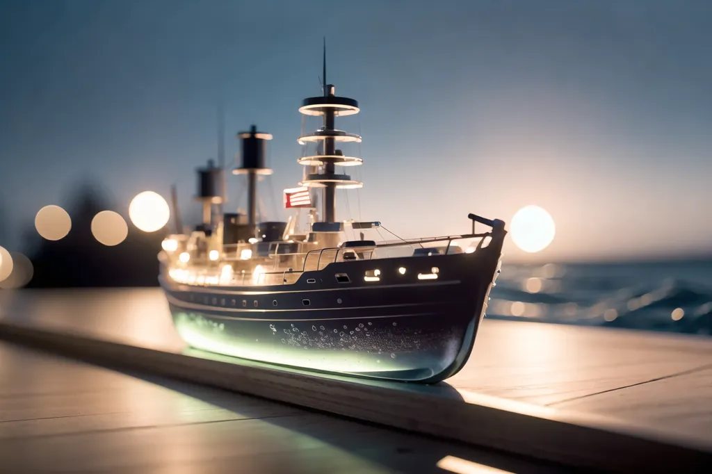 The image shows a model ship sitting on a wooden surface. The ship is lit from below by a spotlight, and there is a small American flag on the ship's stern. The ship is gray and has two large guns on its deck. There are also several smaller guns on the ship. The ship is surrounded by water. In the background is a large moon.