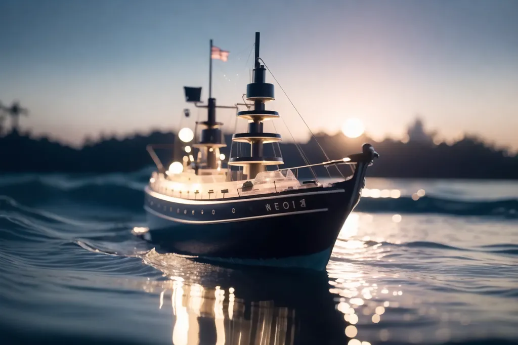 Un navire noir et blanc se déplace lentement sur l'eau au coucher du soleil. Le navire a deux mâts et un grand drapeau américain flottant à la poupe. Le soleil se couche derrière le navire, projetant une lueur dorée sur la scène. L'eau est calme et immobile, reflétant la lumière du ciel. Le navire avance lentement, laissant une petite vague derrière lui. L'image est paisible et sereine, capturant la beauté du monde naturel et la majesté de l'ingénierie humaine.