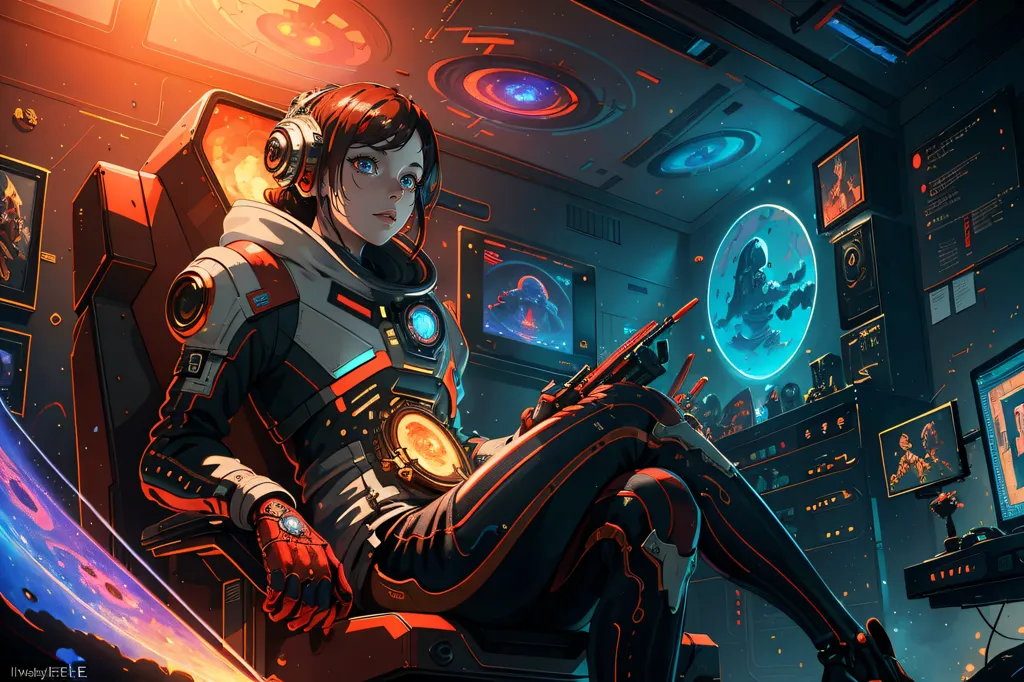 This is an image of a girl sitting in a spaceship or some kind of futuristic control room. She is wearing a white spacesuit with orange and black accents. She has brown hair and blue eyes and is looking at a screen in front of her. There are several other screens around her, showing various readouts and information. The background is dark with bright lights and a large window showing a planet and stars.