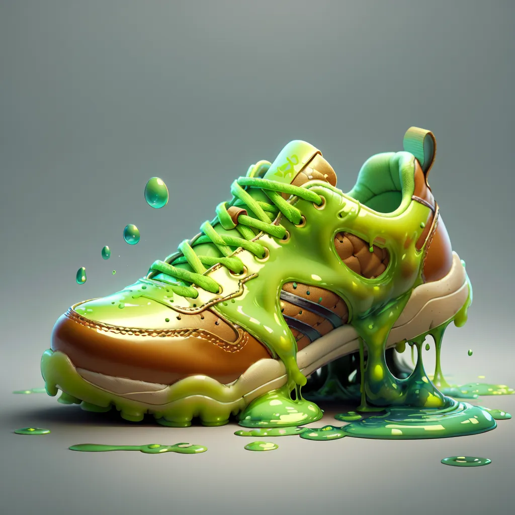 The image is a 3D rendering of a brown and green sneaker. The sneaker is covered in a green slime. The slime appears to be dripping off the sneaker. The sneaker is sitting on a gray surface. The background is also gray. The image is rendered in a realistic style.