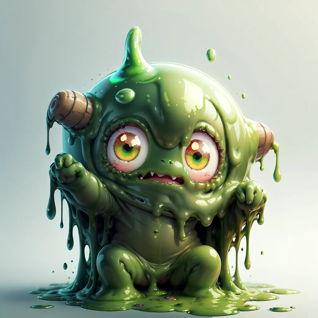 The image contains a green blob-like creature with big eyes and a mouth. It has two horns on its head and is covered in green slime. The creature is sitting on a puddle of green slime and is looking at the viewer with a surprised expression.