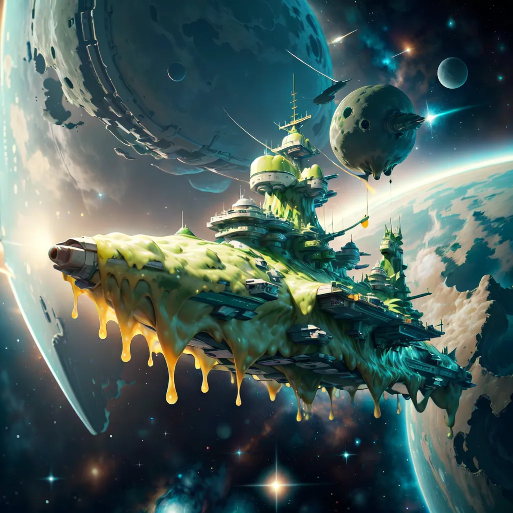 The image is a digital painting of a spaceship. The ship is large and green, and it is covered in a strange, glowing liquid. The ship is surrounded by planets and stars, and it appears to be in the middle of a battle. There are several smaller ships flying around the larger ship, and there are explosions and debris everywhere. The painting is very detailed, and the artist has used a variety of colors and techniques to create a sense of realism.