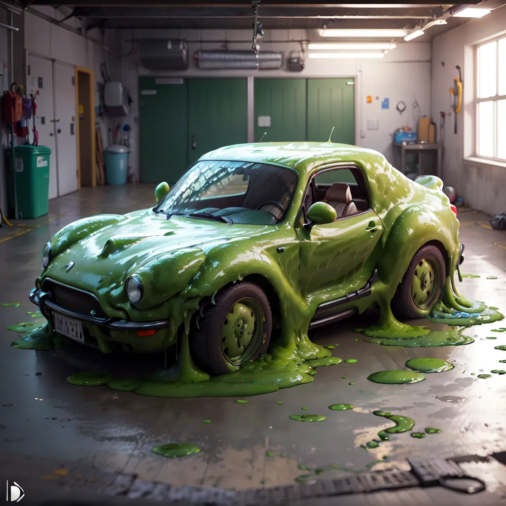 A green car is covered in green slime. The car is sitting in a garage. The garage is messy. There are boxes, tools, and other objects scattered around. The car is old and has a lot of rust. The green slime is dripping off the car and onto the floor. The floor is covered in green slime. The car looks like it has been abandoned.