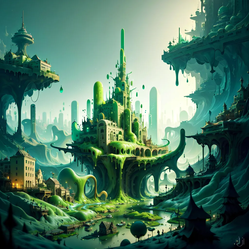 A imagem é uma pintura fantástica de uma cidade construída sobre uma substância verde e orgânica. A cidade é cercada por uma névoa verde e há torres e edifícios verdes e grandes. A cidade é construída sobre uma série de plataformas que são conectadas por pontes e passarelas. Há também várias estruturas menores e orgânicas espalhadas pela cidade. A imagem é muito detalhada e o artista usou uma variedade de técnicas para criar uma sensação de profundidade e realismo.