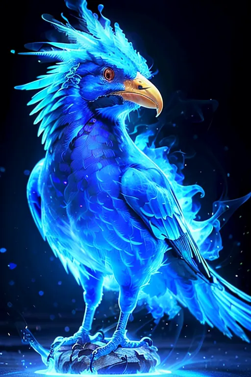 The image is a blue phoenix, a mythical bird that is said to be a symbol of hope and renewal. It is standing on a rock, with its wings spread out wide. The phoenix's body is made of blue flames, and its eyes are glowing yellow. The background is a dark blue color, with a few stars scattered around. The phoenix is looking to the right of the frame, as if it is watching something.