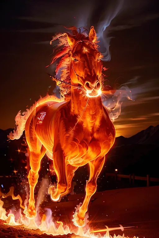 L'image est une peinture numérique d'un cheval. Le cheval se tient sur une falaise rocheuse, et il y a une chaîne de montagnes à l'arrière-plan. Le cheval souffle du feu, et sa crinière et sa queue sont faites de flammes. Le corps du cheval est recouvert de feu orange et jaune brillant. L'arrière-plan est sombre, avec une lueur orange vive à l'horizon. Le cheval est au centre de l'image, et il regarde le spectateur. Les yeux du cheval brillent en blanc. L'image est très dynamique et a beaucoup d'énergie. C'est une image très puissante et majestueuse.