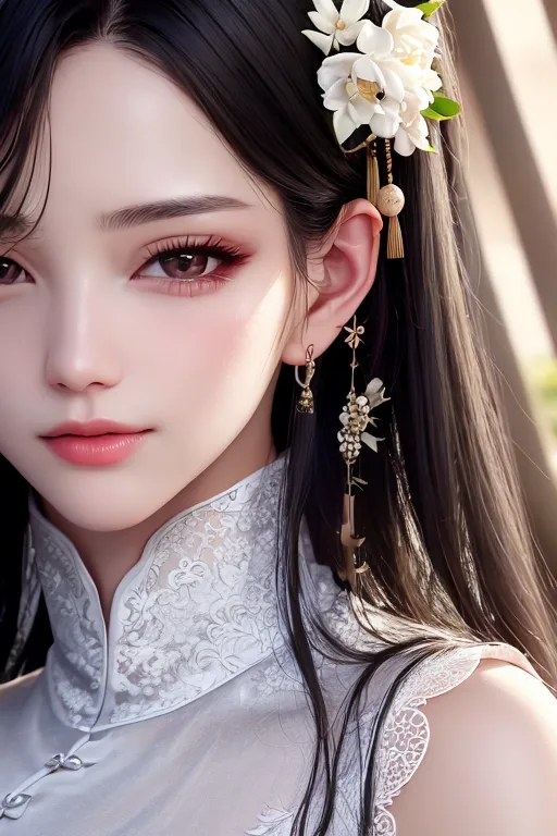 The picture shows a young woman with long black hair and light pink blush on her cheeks. She is wearing a white and gray cheongsam with white and pink flowers in her hair. There are also white and gold earrings hanging from her ears.