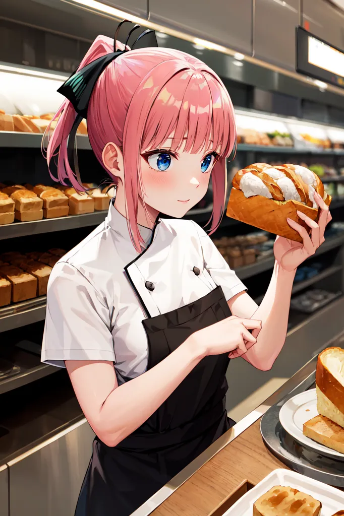 The image shows a young woman with pink hair and blue eyes. She is wearing a white chef's shirt and a black apron. She is holding a loaf of bread in her hands and looking at it with a smile on her face. There are shelves of bread behind her and a wooden counter in front of her with more bread on it.