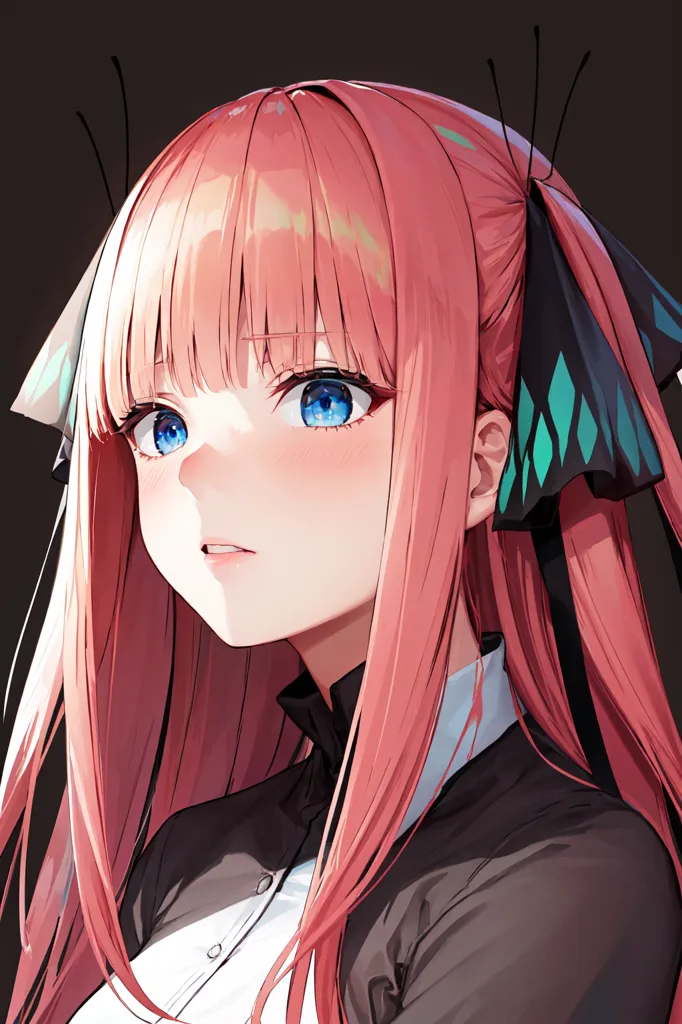 The image shows a young girl with pink hair and blue eyes. She is wearing a white shirt and a black jacket. There is a butterfly hairclip on the right side of her head. The girl has a surprised expression on her face and is looking to the left of the frame.