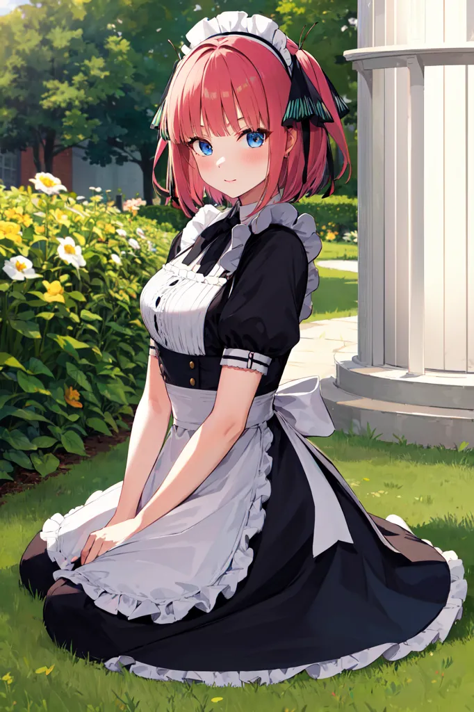 The image shows a young woman with pink hair and blue eyes. She is wearing a black and white maid outfit with a white apron. She is kneeling on the grass in a garden. There are flowers in the background. The woman has a gentle smile on her face.