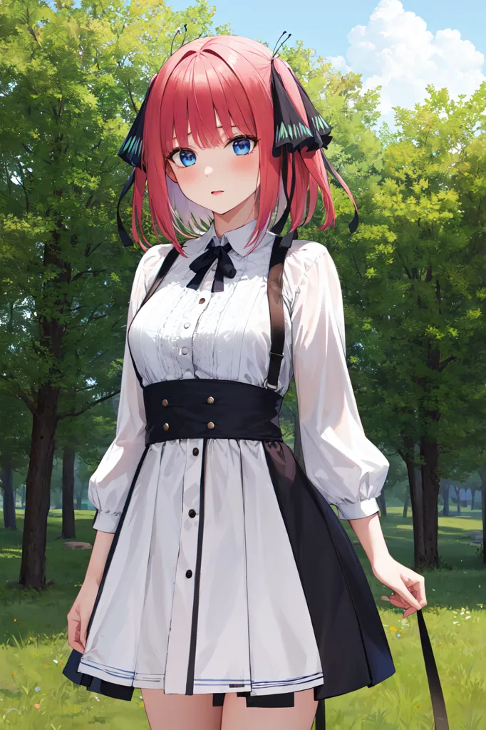 The image shows a girl with pink hair and blue eyes. She is wearing a white dress with a black vest. There is a butterfly hairpin on her right. She is standing in a forest and there are many trees around her.