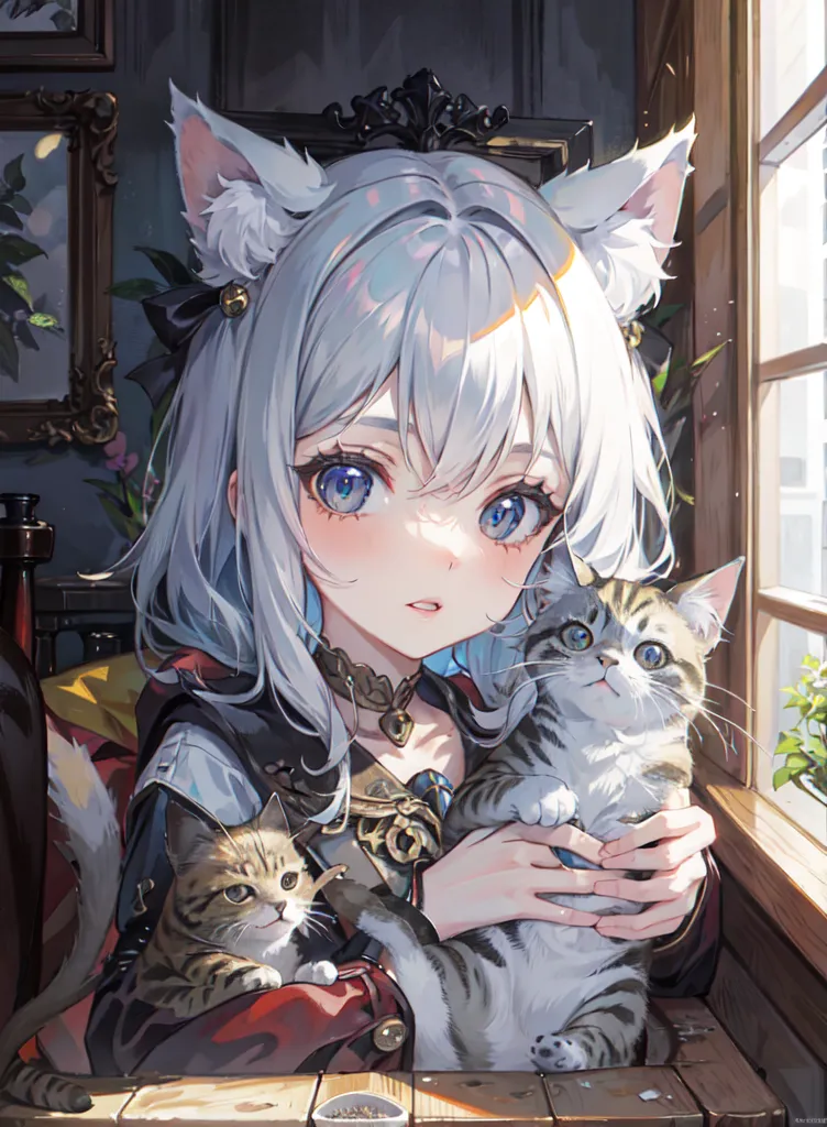 The image is a painting of a young woman with cat ears and a cat tail. She is sitting in a chair with two cats on her lap. The woman is wearing a white dress with a black corset. She has long white hair and blue eyes. The cats are both tabby cats. The one on the left is brown and white, and the one on the right is gray and white. The woman is smiling at the cats. The background of the image is a window with a view of a city.