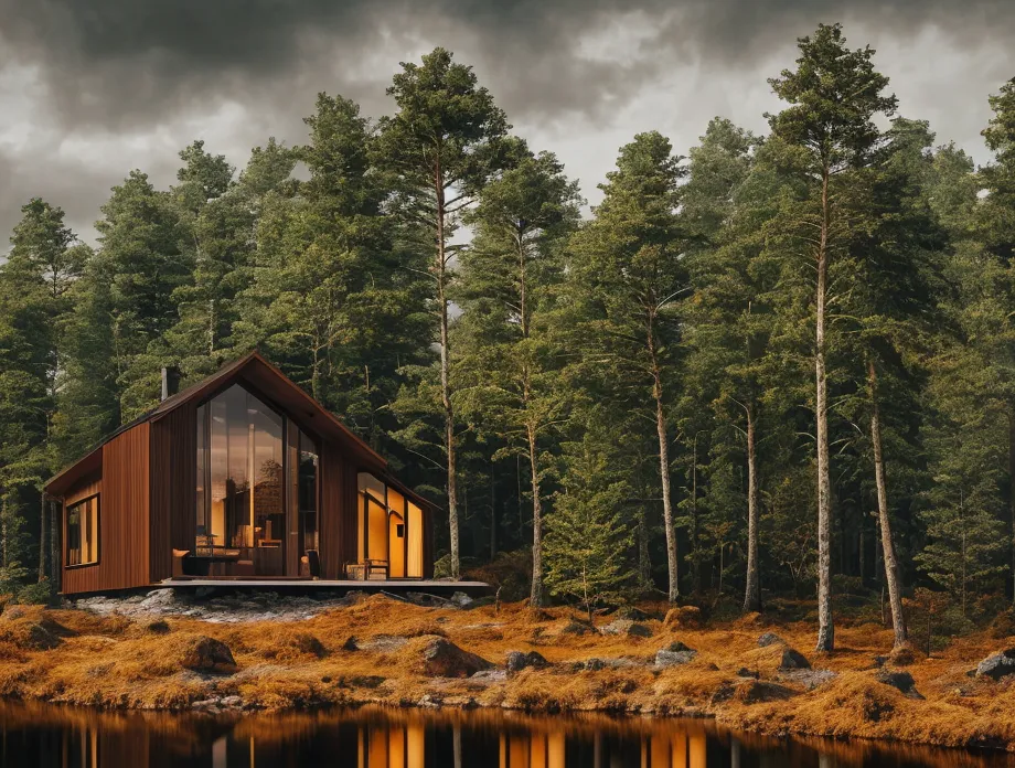 A imagem é uma bela paisagem de uma casa na floresta. A casa é moderna e tem uma grande janela de vidro. As árvores são altas e verdes, e as folhas estão ficando marrons e laranjas. A água está calma e reflete as árvores e a casa. O céu está nublado e há uma sugestão de chuva. O efeito geral é de paz e tranquilidade.