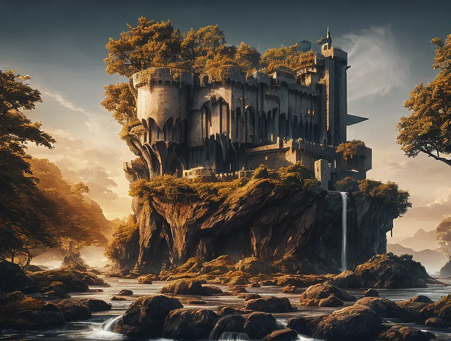 The image is a digital painting of a ruined castle on a rocky cliff. The castle is surrounded by a forest and there is a river in the foreground. The castle is in disrepair, with broken walls and towers. The trees are bare, and the sky is dark and stormy. The overall mood of the image is one of gloom and desolation.