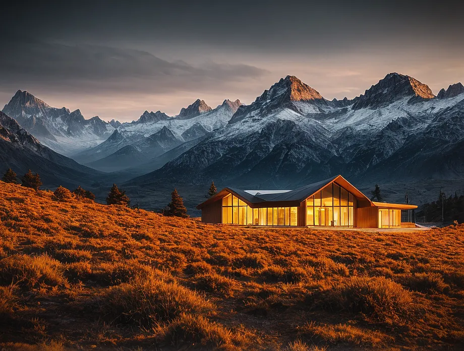 La imagen es un hermoso paisaje de una casa en las montañas. La casa es moderna y tiene muchas ventanas de cristal. Las montañas están en el fondo y están cubiertas de nieve. El cielo es de un azul profundo y hay algunas nubes en el cielo. La imagen es muy tranquila y serena.