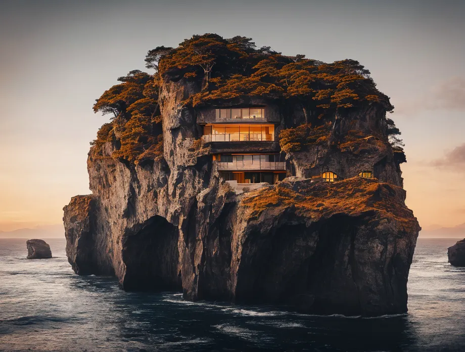 A imagem mostra uma casa construída em um penhasco rochoso. A casa é feita de vidro e tem um design moderno. O penhasco é cercado pelo oceano. A água é de uma cor azul escura e o céu é de uma cor azul clara. O sol está se pondo e o céu é um gradiente de laranja e amarelo. Há algumas árvores no penhasco.