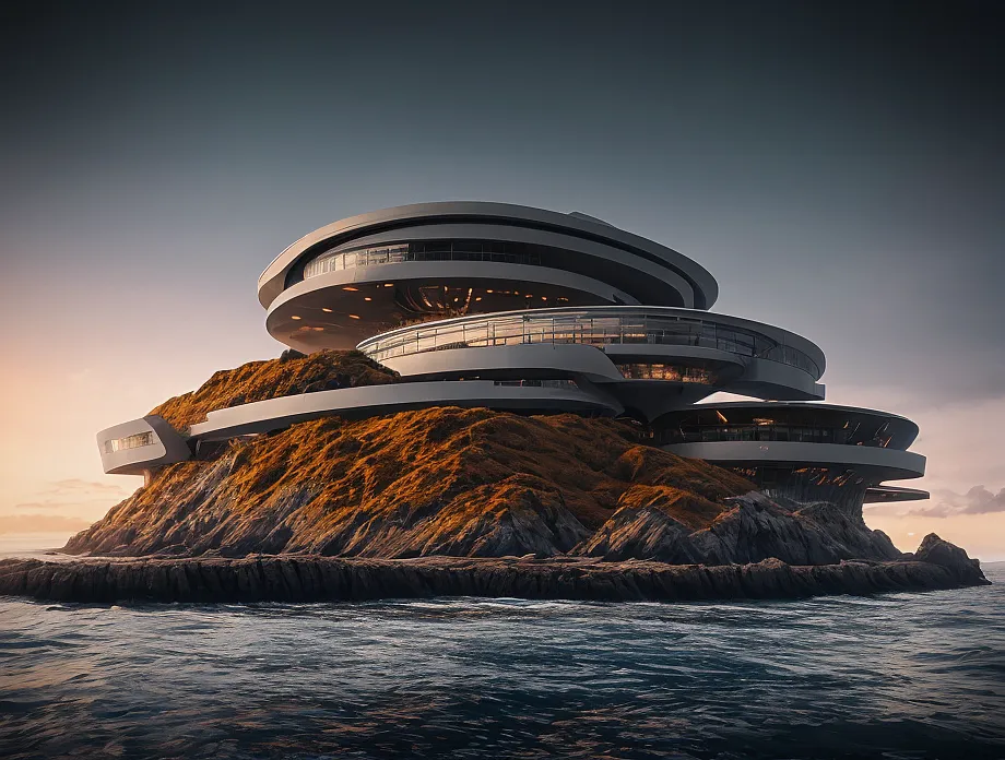 The image shows a futuristic house on a small rocky island. The house is made of glass and metal and has a curved, organic shape. It is surrounded by water and there is a large rock outcropping next to it. The sky is dark and there is a sunset.