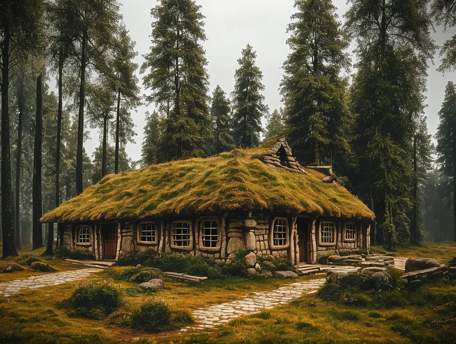 Esta é uma imagem de uma casa no meio de uma floresta densa. A casa é feita de pedra com um telhado espesso, verde e musgo. Há oito janelas e duas portas visíveis. As árvores ao redor da casa são altas e verdes. O chão é coberto de musgo, grama e folhas. Há um caminho que leva até a casa.