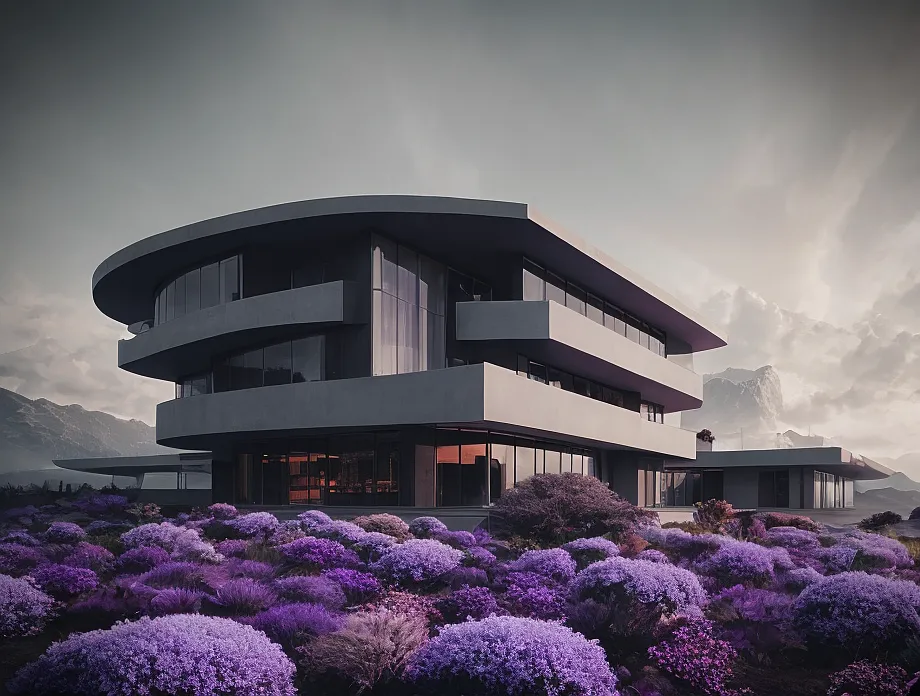 The image is a modern house with a curved roof. The house is surrounded by purple flowers. The sky is cloudy and there are mountains in the background.