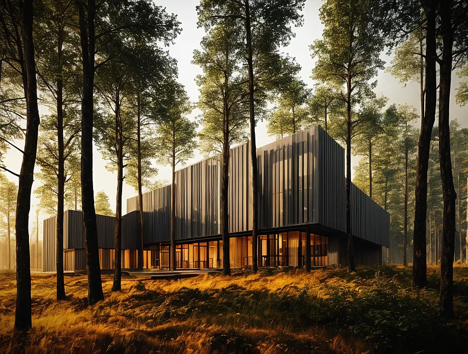 The image is a rendering of a modern house in a forest. The house is made of wood and glass, with a large terrace and a swimming pool. The forest is dense and green, with tall trees and a thick understory. The house is located on a clearing in the forest, and there is a long driveway leading up to it. The house is surrounded by trees, and there is a large forest behind it. The house is very modern, with a flat roof and large windows. The house is also very large, and it has a lot of rooms. The house is very private, and it is not visible from the road.