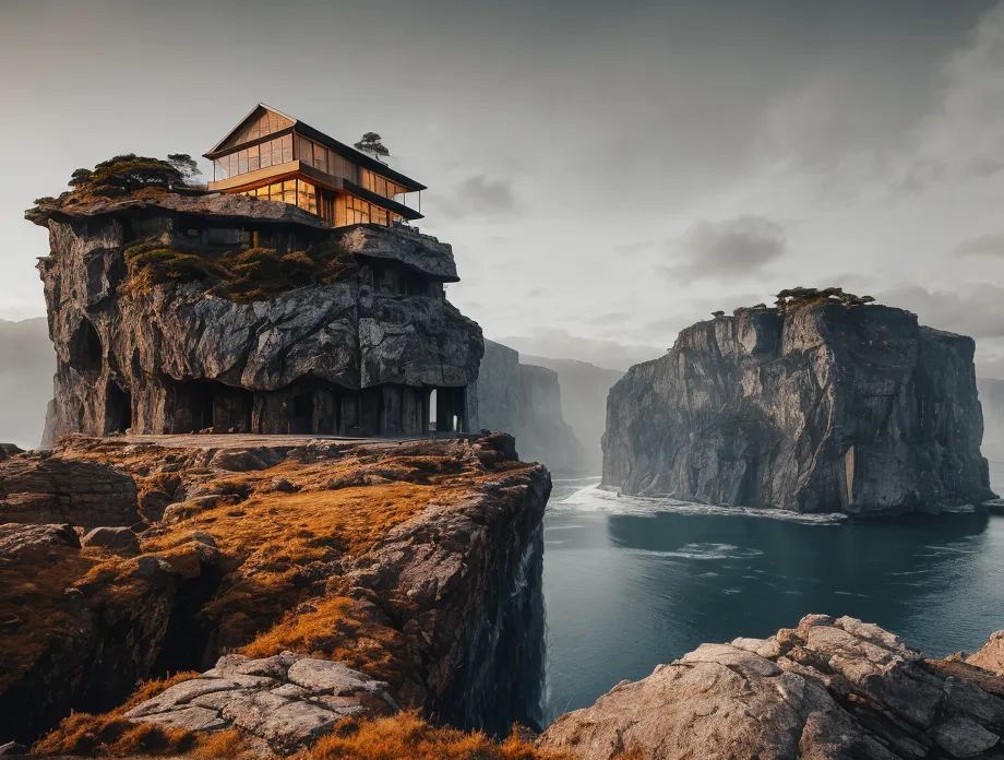 The image shows a house on a cliff. The house is made of glass and wood. It has a large living room with a fireplace. The bedroom has a view of the ocean. The kitchen is small but has everything you need. There is a bathroom with a shower. The house is very modern and has all the latest amenities.

The cliff is very high and the view from the house is amazing. You can see the ocean for miles. The air is fresh and clean. The house is very private and you can't see any other houses from it.

The image is very beautiful and peaceful. It makes you feel like you are on vacation.