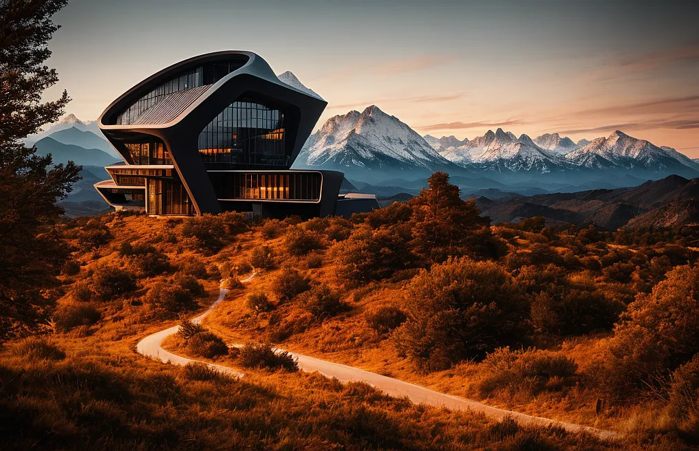 La imagen es una casa futurista en una colina. La casa es negra con grandes ventanas y un techo curvo. La casa está rodeada de hierba y árboles naranjas. En el fondo, hay una cordillera cubierta de nieve. El cielo es un degradado de naranja y amarillo.