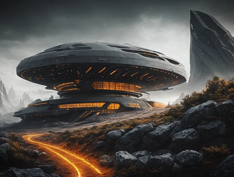 The image shows a futuristic building on a rocky planet. The building is a large, round structure with a flat top. It has many windows and is lit up from the inside. There is a large rock formation next to the building. The ground around the building is covered in rocks and there are some plants growing. There is a glowing orange path leading up to the building. The sky is dark and cloudy.