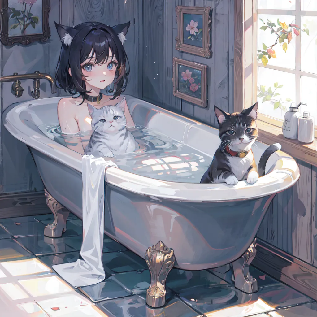 Une jeune femme aux cheveux noirs et aux oreilles de chat prend un bain dans une grande baignoire. Elle a avec elle un chat blanc et un chat gris. La femme porte un collier noir et le chat gris porte un collier rouge. La baignoire est remplie d'eau et il y a des bulles à la surface. La femme est assise adossée contre le côté de la baignoire, les jambes étendues devant elle. Le chat blanc est assis sur ses genoux et le chat gris est assis sur le bord de la baignoire. La femme a les yeux fermés et semble détendue. La salle de bain est décorée de plusieurs tableaux et il y a une fenêtre qui laisse entrer la lumière.