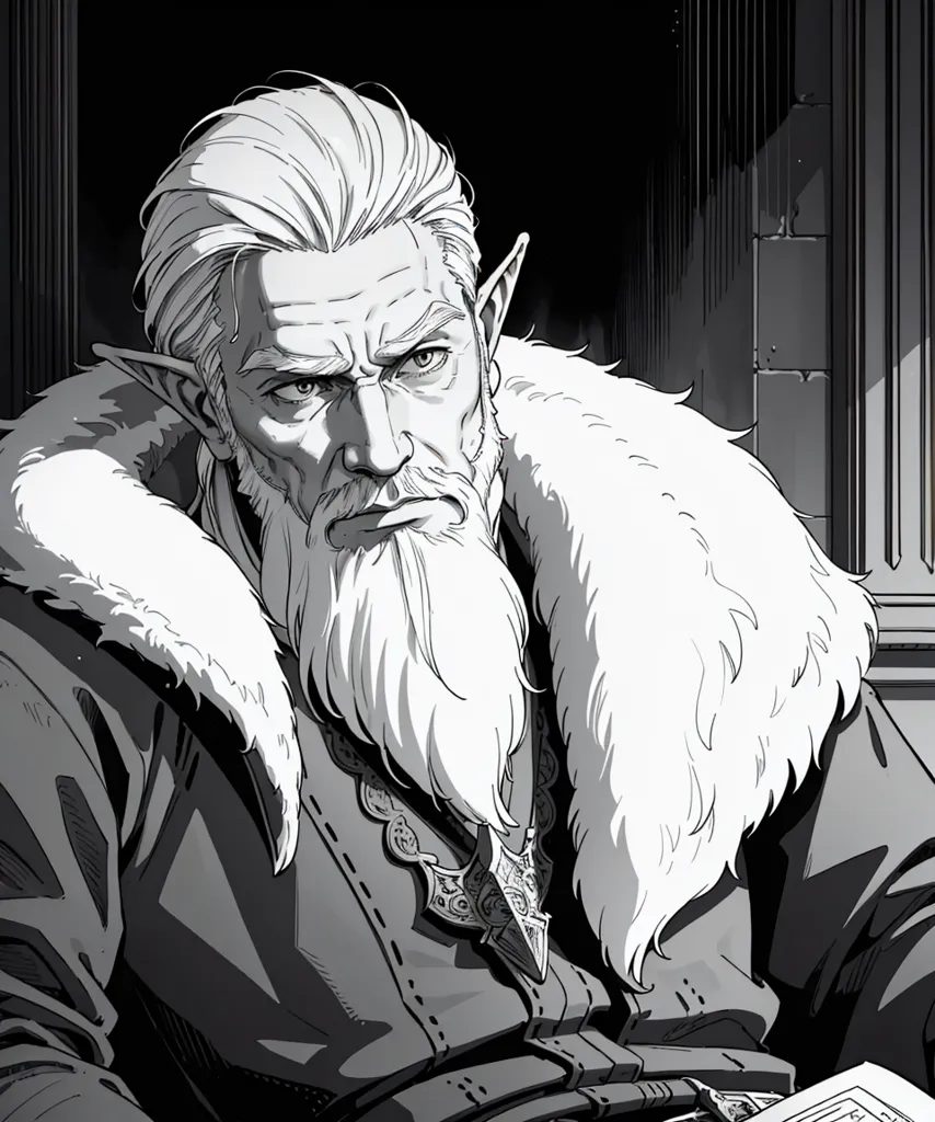 The image is in black and white. It shows a man with long white hair and a beard. He is wearing a fur-lined cloak and a tunic. He has a stern expression on his face. He is sitting on a throne. There is a book on his lap and he is holding a quill in his right hand.