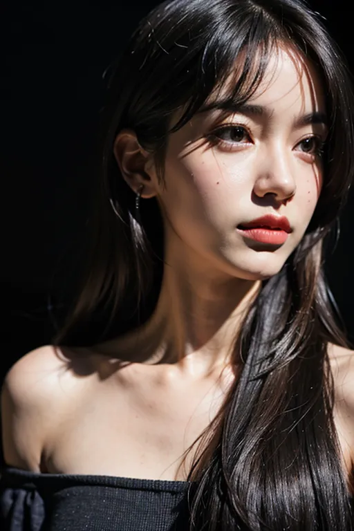 The image is a portrait of a young woman with long dark hair and bangs. She is wearing a black off-the-shoulder top and has a natural, slightly melancholic expression on her face. The background is a dark color, which makes her stand out. The image is taken at a close-up angle, which emphasizes her eyes and lips.