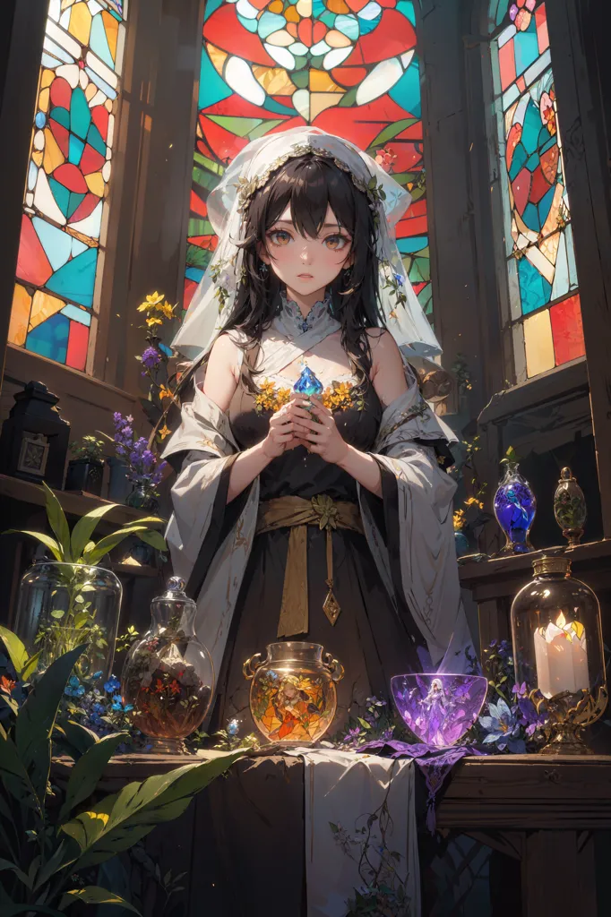 This is an image of a young woman standing in front of a stained glass window. She is wearing a black dress with a white veil and has long brown hair. She is holding a blue crystal in her hands. There are several glass jars and vases on the table in front of her, and there are plants growing on the table and in the background.