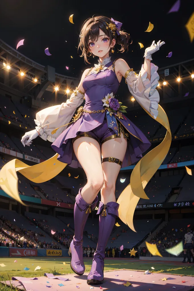 Esta es una imagen de una chica de anime con cabello marrón y ojos morados. Ella está usando un atuendo morado y blanco con un fajín amarillo. También está usando guantes blancos y botas moradas. Ella está parada en un escenario con una gran multitud al fondo. El fondo es un estadio con una pista y campo. La chica está sonriendo y saludando a la multitud.