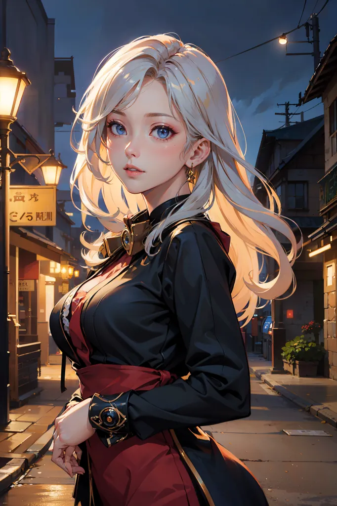 The image is a portrait of a beautiful young woman with long, flowing white hair and blue eyes. She is wearing a black kimono with a red sash and has a gentle smile on her face. The background is a blurred cityscape with traditional Japanese architecture.