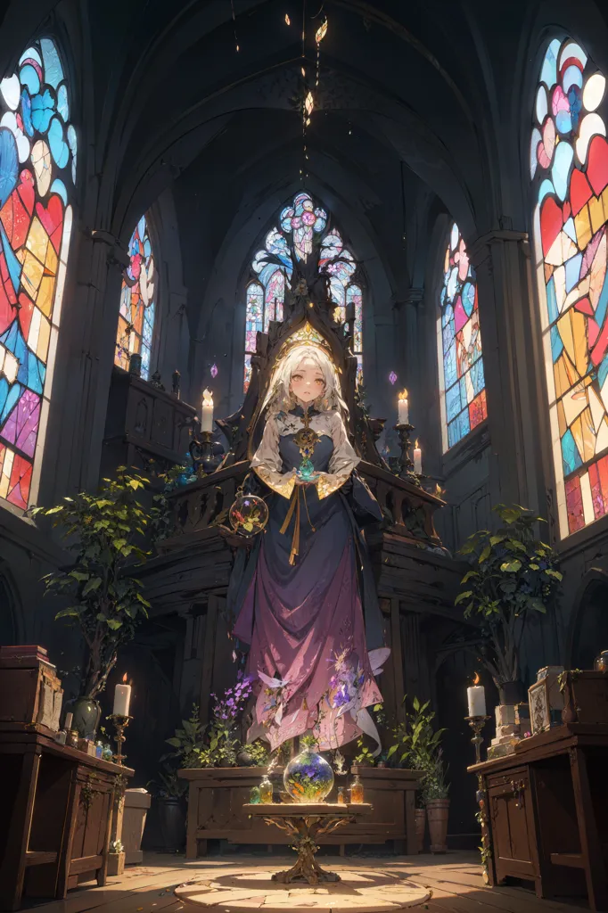 The image is of a woman standing in a church. She is wearing a purple dress with a white cloak. She has long white hair and purple eyes. She is holding a staff in her right hand and there is a crystal ball floating in her left hand. There are stained glass windows all around the church. There are candles and plants on the tables in front of her.