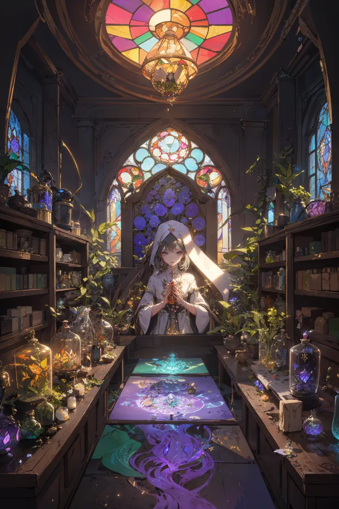 A imagem é de uma jovem mulher em pé em uma sala com uma janela de vitral. A sala está cheia de plantas e flores, e há prateleiras de livros e poções nas paredes. A mulher está vestindo um vestido branco com um véu e tem cabelos longos e prateados. Ela está segurando um livro e olhando para uma mesa à sua frente. Sobre a mesa há um mapa. A imagem é muito detalhada e tem muitos elementos interessantes. A janela de vitral é especialmente bonita e cria um senso de mistério e maravilha. A mulher também é muito interessante e parece ser muito inteligente e capaz. A imagem está cheia de potencial e seria interessante ver o que acontece a seguir.