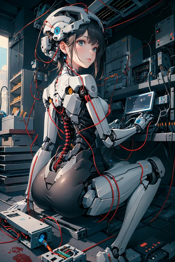 The image depicts a female cyborg with brown hair and blue eyes. She is wearing a white and gray bodysuit with a black skirt. She is also wearing a helmet with a visor and a backpack with a lot of wires coming out of it. She is sitting on a platform in a room with a lot of computers and wires. She is holding a laptop and there is a small robot next to her.