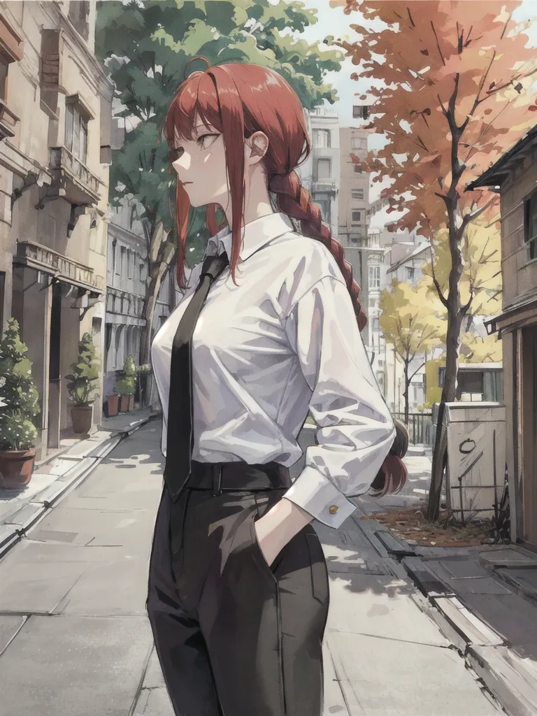 This is an image of a young woman with long red hair and red eyes. She is wearing a white dress shirt with a black tie and black pants. She is standing in an alleyway with her hands in her pockets. There are buildings on either side of the alleyway and a tree with red leaves in the background.