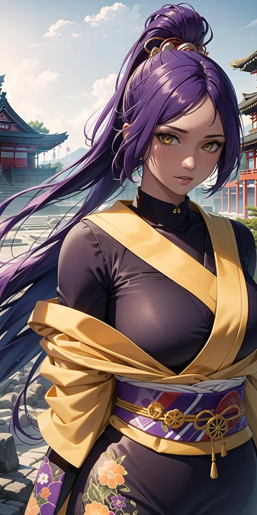 La imagen es un retrato de una hermosa mujer joven con el cabello largo y morado. Ella está usando un kimono japonés tradicional con un obi amarillo y una falda floral morada. La mujer está de pie en un patio con una casa japonesa tradicional al fondo. El cielo es azul y hay algunas nubes en el cielo. La mujer tiene una expresión seria en su rostro.