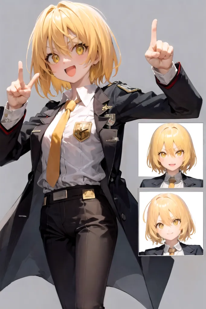 The image is a portrait of a young woman with short blonde hair and yellow eyes. She is wearing a black military-style jacket with a white shirt and tie underneath. She has a confident smile on her face and is pointing upwards with two fingers. In the bottom left corner is a headshot of her with a neutral expression, and in the bottom right is a headshot of her smiling.