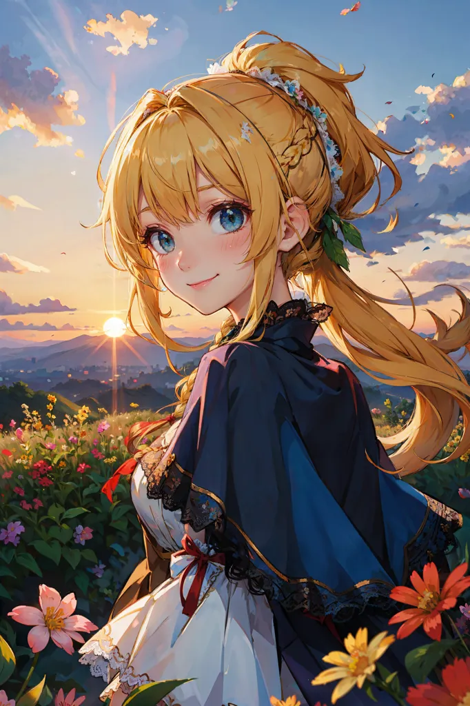 The image shows a young woman with long blond hair and blue eyes. She is wearing a white dress with a blue cape. There are flowers in her hair and around her. She is standing in a field of flowers and there is a sunset in the background.