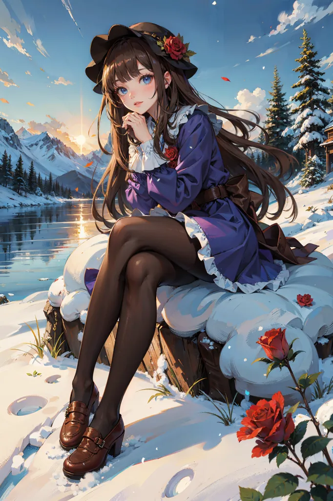 The image is a painting of a young girl sitting on a rock in a snowy forest. The girl is wearing a purple dress with a white collar and a brown hat with a red rose. She has long brown hair and blue eyes. The rock she is sitting on is covered in snow, and there are also some red roses on the ground next to her. In the background, there is a forest of pine trees and a mountain range. The sky is blue, and there is a sun shining.