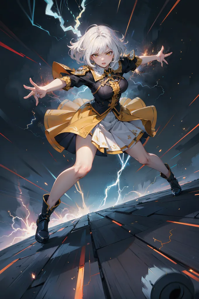 The image is a depiction of a young woman with white hair and yellow eyes. She is wearing a black and gold dress with a white skirt. She is standing on a platform with her arms outstretched, and there is lightning in the background. The woman is likely a sorceress or other type of magic user, and she is using her powers to attack her opponent. The image is drawn in a realistic style, and the colors are vibrant and bright. The woman's expression is one of determination and focus, and she seems to be confident in her ability to defeat her opponent.