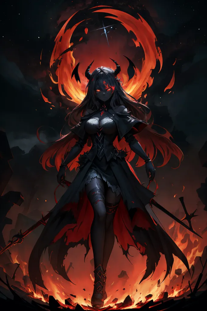 This is an image of a demon girl with long black hair and red eyes. She is wearing a black dress with red accents and has horns on her head. She is standing in a fiery red landscape and is surrounded by flames. There is a dark red moon in the background.