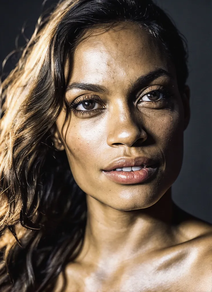 The image is a portrait of a woman with dark brown skin. She has a very angular face, with pronounced cheekbones and a sharp chin. Her eyes are almond-shaped, and her eyelashes are quite long and full. Her lips are full and pouty, and her hair is dark brown and curly. She is wearing a white button-down shirt, and the collar is unbuttoned. The image is taken from a high angle, and the woman is looking directly at the camera.