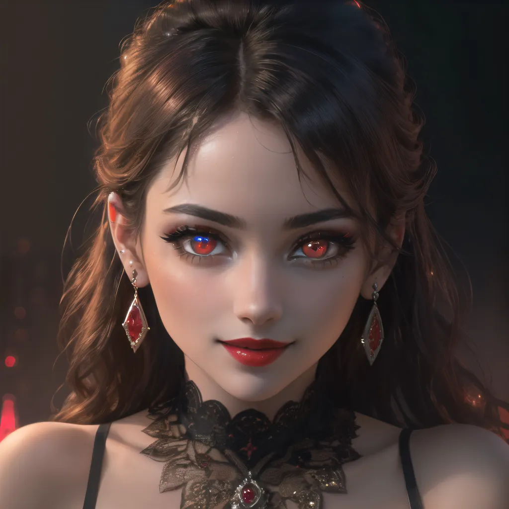 The image shows a beautiful woman with long brown hair and red eyes. She is wearing a black dress with a red lace collar. There are two red crystal earrings hanging from her ears. She has a small smile on her face.