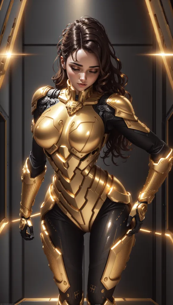 The image is of a beautiful woman with long brown hair and brown eyes. She is wearing a golden armor with black bodysuit. The armor has intricate designs and looks very futuristic. The woman is standing in a dark room with a bright light source in the background. The image is very detailed and the woman's expression is one of determination and strength.